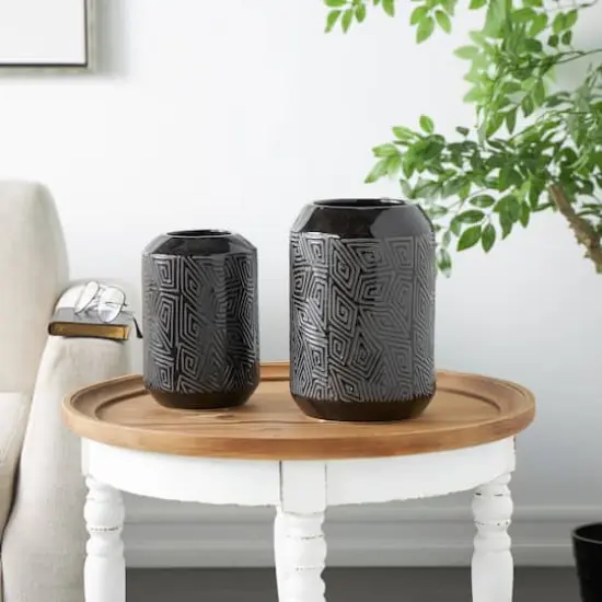 Black Ceramic Vase with Geometric Etchings Set {12}