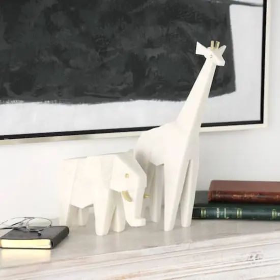 White Polystone Elephant & Giraffe Cubist Inspired Sculpture Set {3}