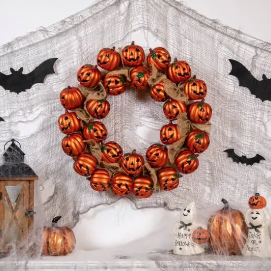 20'' Unlit Jack-O-Lantern and Burlap Ribbon Halloween Wreath {3}