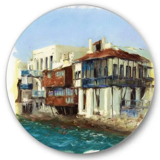 Designart - Old Houses On The Island of Mykonos Greece - Nautical & Coastal Metal Circle Wall Art {1}