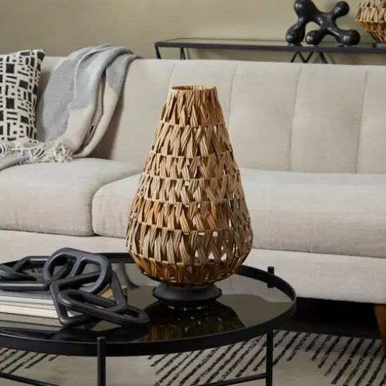19" Light Brown Plastic Rattan Handmade Candle Lantern with Wrapped Zig Zag Design {8}