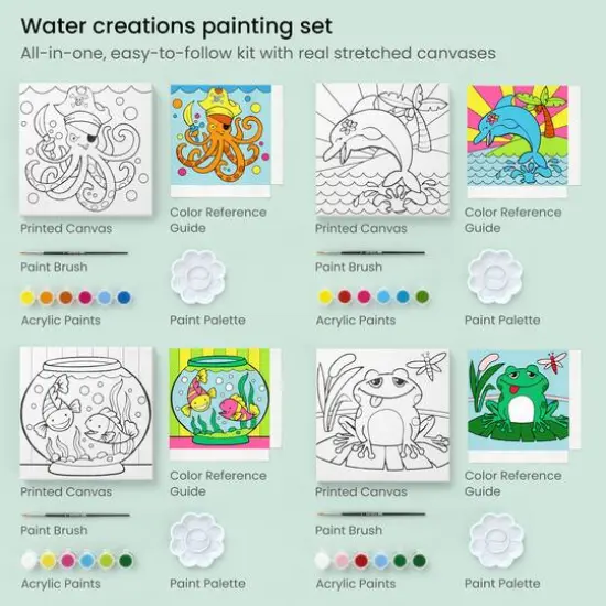 Arteza&reg; Kids Canvas Paint Kit, 4 8x8 Canvas with Brushes & Paints Water Creatures {3}