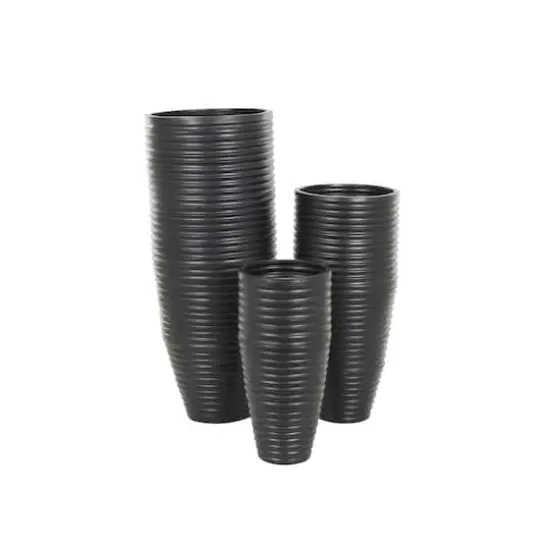 Black Ribbed Floor Metal Vase Set with Horizontal Grooves {4}