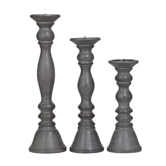 Turned Wood Pillar Candle Holder Set Gray {1}