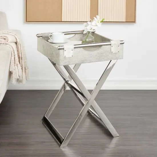 25" Gray Leather Geometric Accent Table with Silver Metal Base {8}
