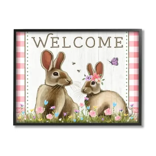 Stupell Industries Welcome Plaid Spring Garden Rabbits Framed Giclee Art Black {1}