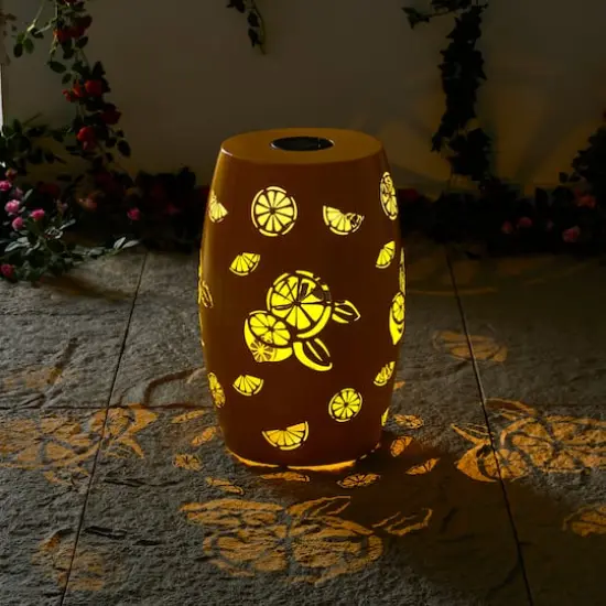 Glitzhome&reg; 18.5" Yellow Iron Cutout Lemon Pattern Solar LED Garden Stool {5}