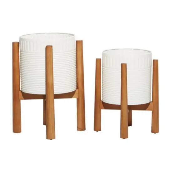 White Metal Planter with Natural Legs Set {6}