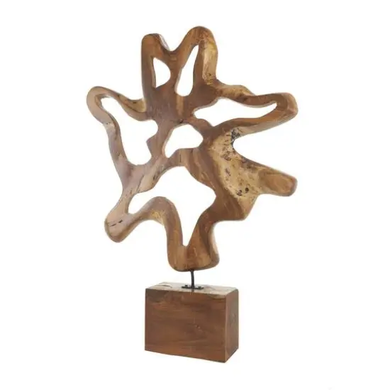 31" Brown Abstract Cutout Teak Wood Sculpture with Block Base {7}