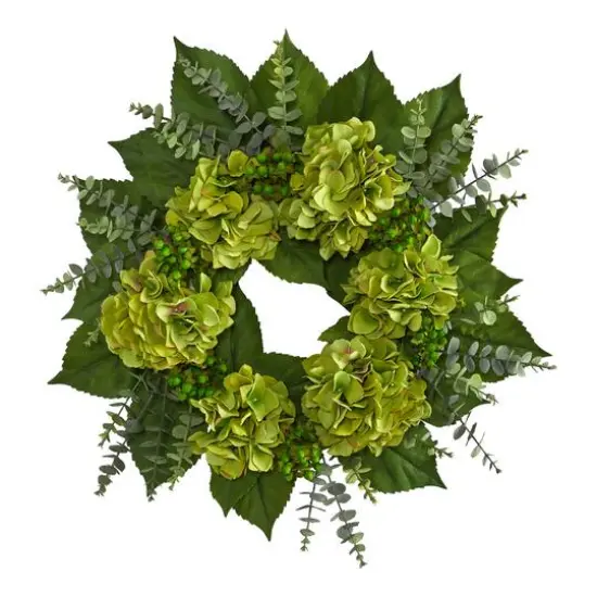 24" Green Hydrangea & Eucalyptus Leaf Wreath {1}