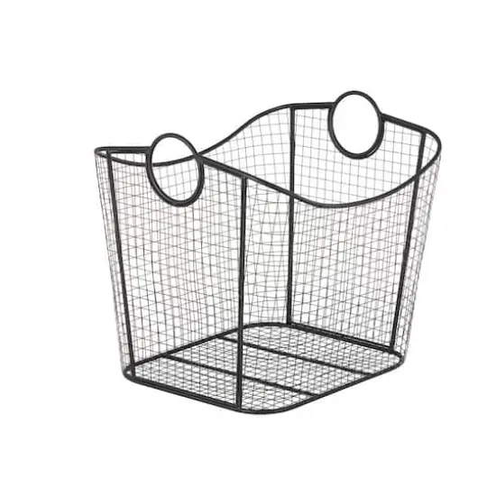 20" Black Metal Storage Basket with Curved Sides & Ring Handles {5}