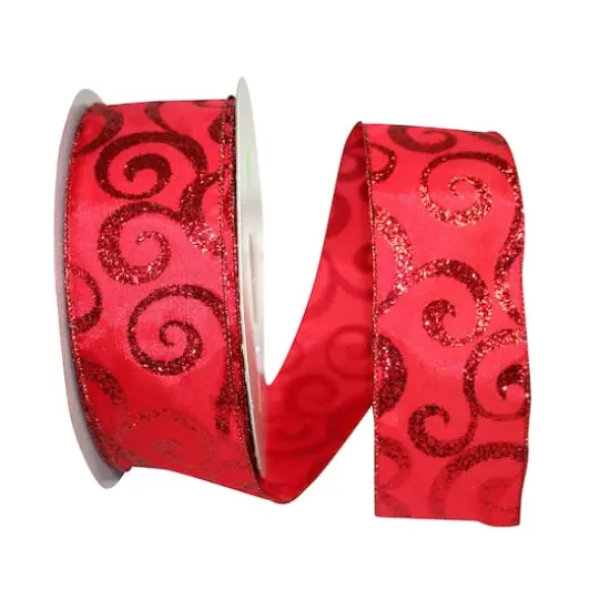 JAM Paper 2.5" x 50yd. Red Scroll Wired Glitter Ribbon {1}