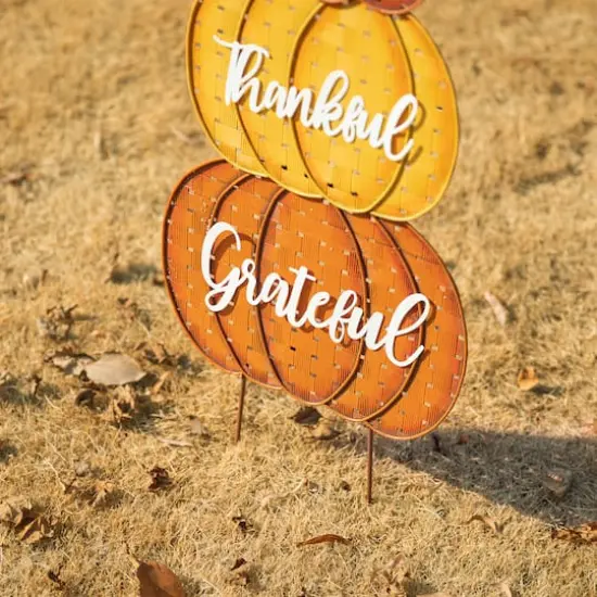Glitzhome&reg; 35.5" Thanksgiving Metal Stacked Pumpkins Yard Stake {7}