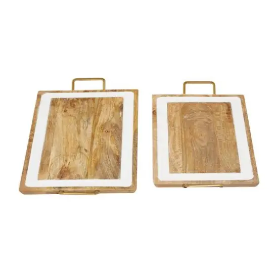 White & Brown Mango Wood Modern Tray Set {3}