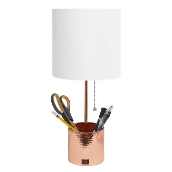 Simple Designs 18.5" Hammered Metal Container Base Table Lamp with USB Charging Port White/Rose Gold {8}