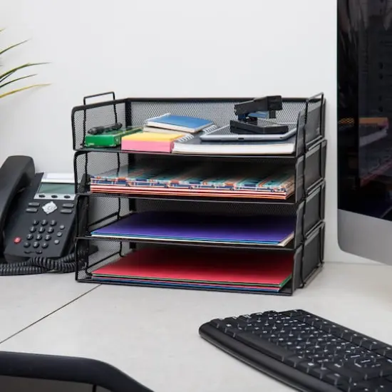 Mind Reader 4 Pack Black Stackable Metal Mesh Tray and Desk Document Organizer {3}
