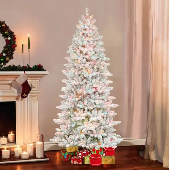 7.5ft Pre-Lit White Slim Fraser Fir Flocked Artificial Christmas Tree, Multicolor Lights {8}