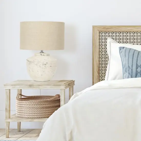 Hello Honey&reg; 19.5" Distressed Cream Cement Table Lamp with Linen Shade {3}