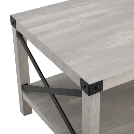 Stone Gray Metal X Rustic Wood Coffee Table {6}
