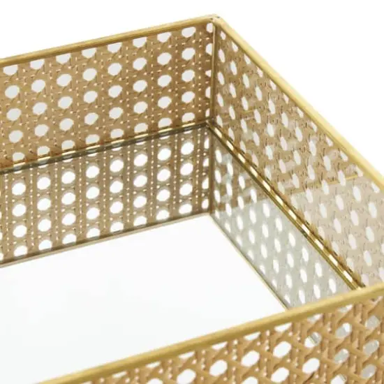 Brown Woven Rattan Tray Set with Mirrored Glass Interiors {4}