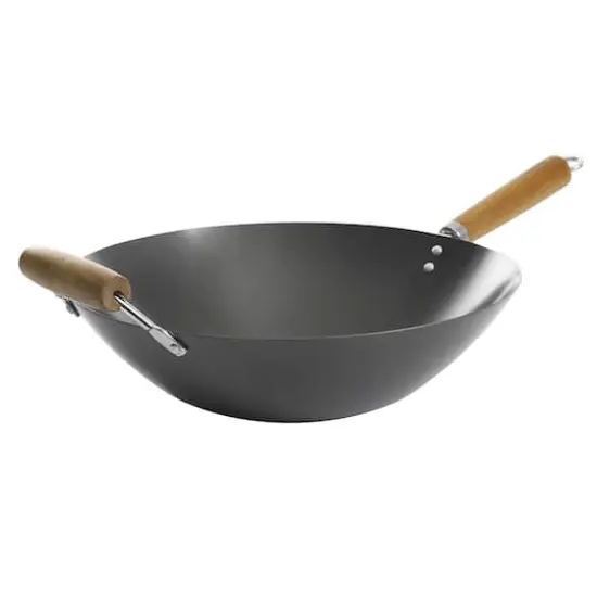 Kenmore&reg; Hammond 14'' Black Flat Bottom Carbon Steel Wok with Wooden Handles {1}