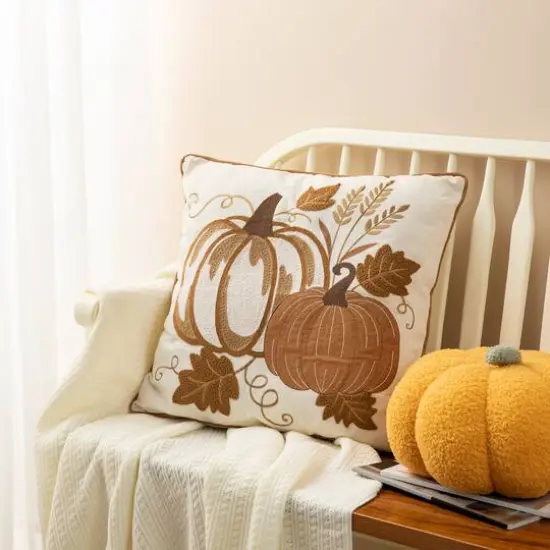 Glitzhome&reg; Cotton Embroidered Pumpkin Pillow Cover {11}