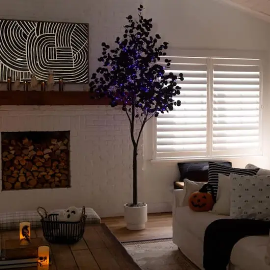 9ft. Pre-Lit Artificial Halloween Black Eucalyptus Tree with 700 Orange & Purple LED Lights {10}