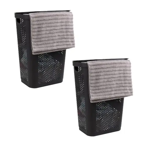 Mind Reader 60L Ventilated Slim Laundry Hamper with Cut Out Handles & Hinged Lid, 2ct. Black {1}