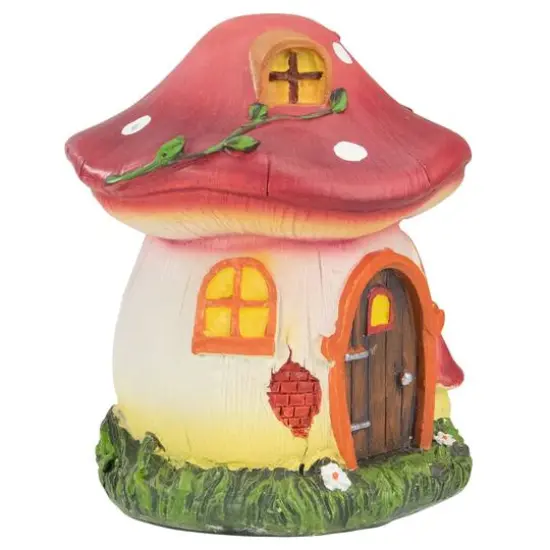 6.25" Red Mushroom House Outdoor Garden Statue {6}