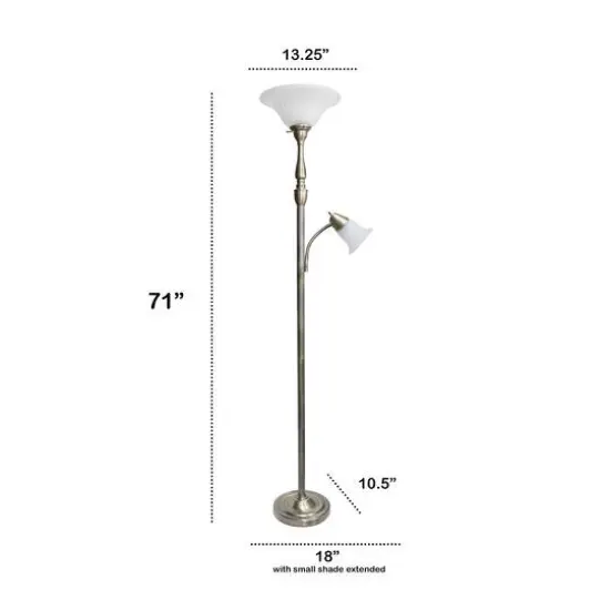 Lalia Home Torchiere Floor Lamp with Reading Light Antique Brass/White Shades {4}
