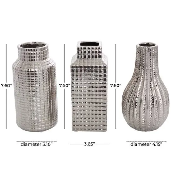 Silver Ceramic Geometric Dimensional Textured Vase Set with Varying Shapes & Grid Patterns {7}