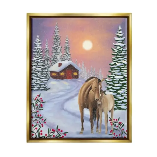 Stupell Industries Holiday Horses Winter Scene Framed Floater Canvas Wall Art Gold {1}
