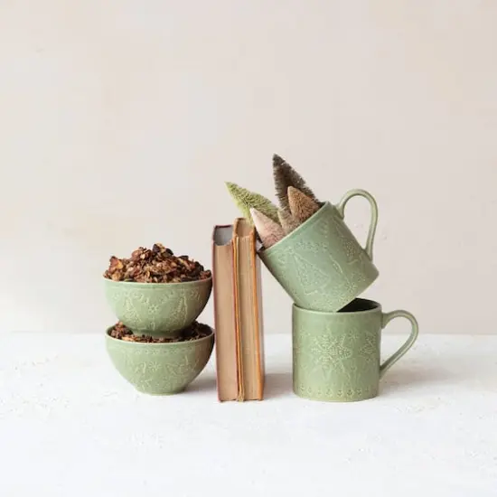 Hello Honey&reg; 16oz. Green Debossed Stoneware Mugs, 2ct. {3}