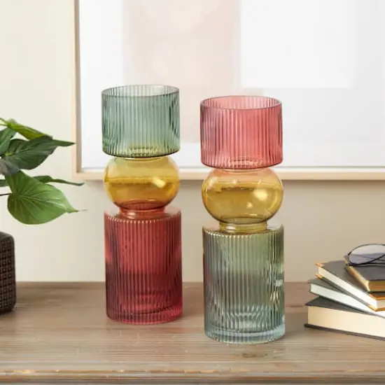 14" Multicolor Abstract Glass Ribbed Vase Set {3}