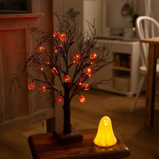 22in. Pre-Lit Artificial Halloween Brown Twig Tree with 12 Orange LED Pumpkin Shaped Lights {11}