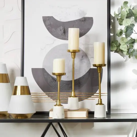Gold Aluminum Slim Candle Holder with White Marble Base Set {9}