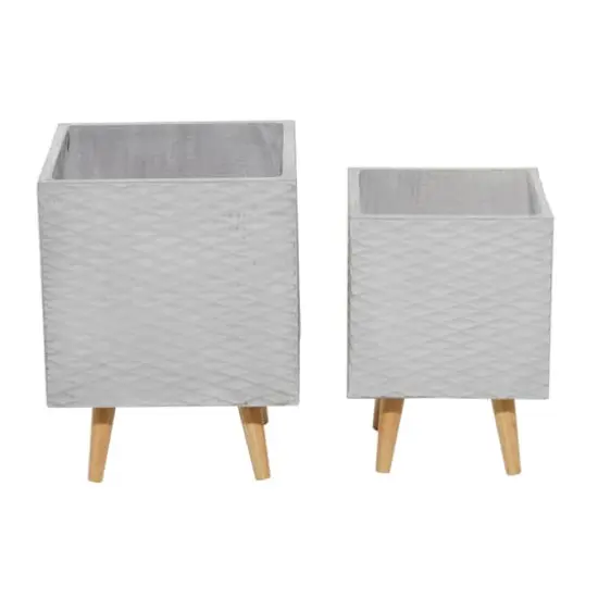 Set of 2 Grey Polystone Contemporary Planter, 15", 17" {3}