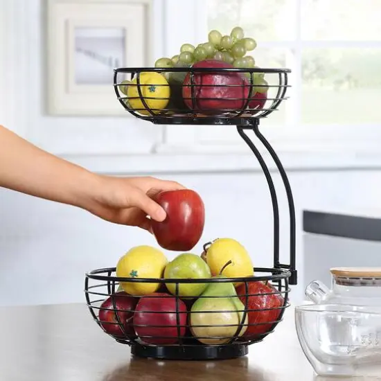 SunnyPoint Classic 2-Tier Wire Basket Bowl Stand with Wooden Base Black {5}