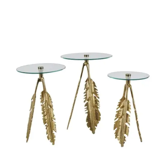 Gold Aluminum Metal Leaf Accent Table Set {4}