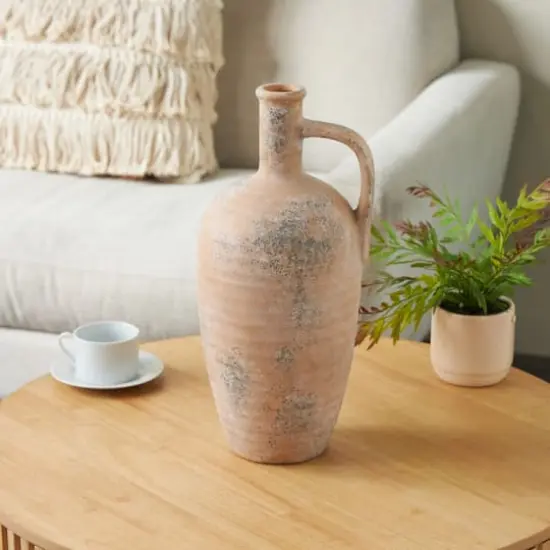 18" Beige Ceramic Antique Style Distressed Vase with Handles {3}