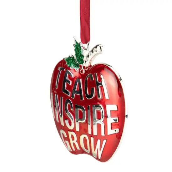 3.25" Red and Silver Plated Apple Teacher Christmas Ornament with European Crystals {7}