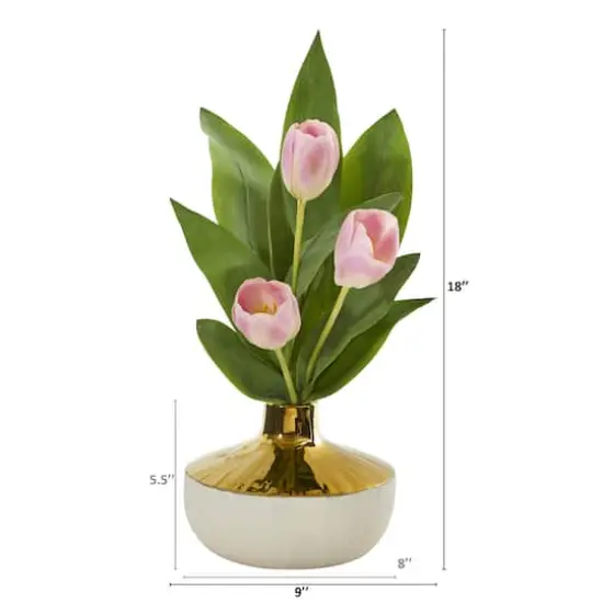 18" Tulip Arrangement In Gold & Cream Elegant Vase Pink {3}
