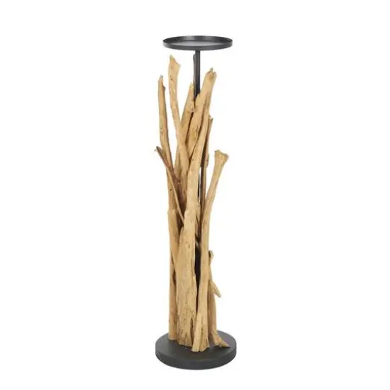39" Brown Teak Wood Handmade Tall Tree Branch Floor Candle Holder with Black Metal Accents {7}
