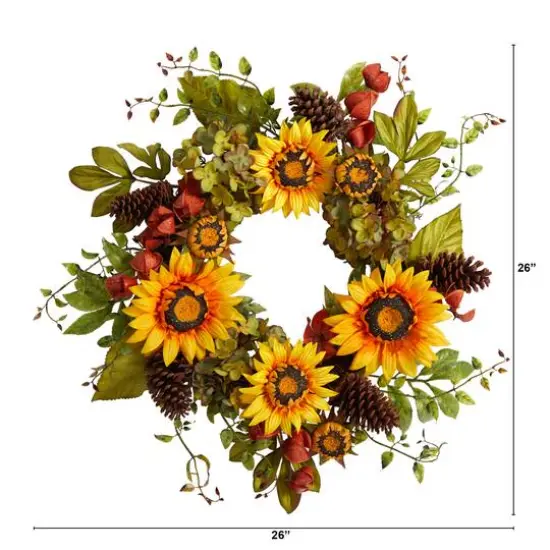 26" Hydrangea, Sunflower & Pinecones Artificial Autumn Wreath {3}