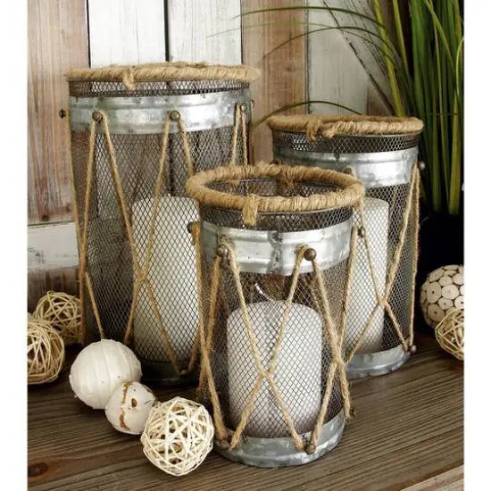 Set of 3" Silver Metal Rustic Lantern, 11", 9", 8" {10}