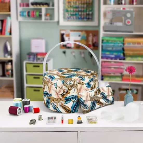 SINGER&reg; Large Jungle Print Premium Round Sewing Basket with Travel Sewing Kit {9}