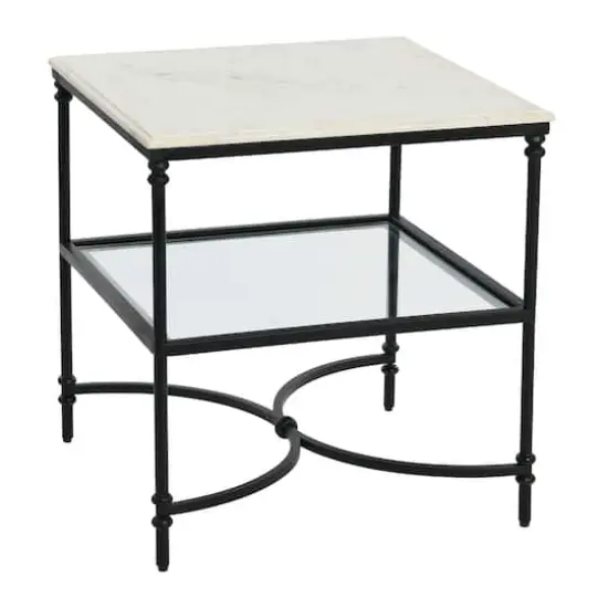 Hello Honey&reg; 25" Libertine Genuine Marble and Metal End Table with Glass Storage Shelf Black Finish {1}