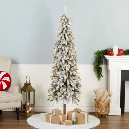 6.5ft. Pre-Lit Snowy Grand Alpine Slim Artificial Christmas Tree, Clear Lights {3}