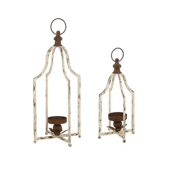 Modern Farmhouse White & Brown Metal Candle Lantern Set, 22" x 16.5" {1}