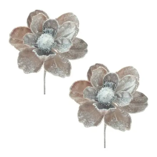28" Beaded Velvet Magnolia Flower Stems, 2ct. Silver {1}